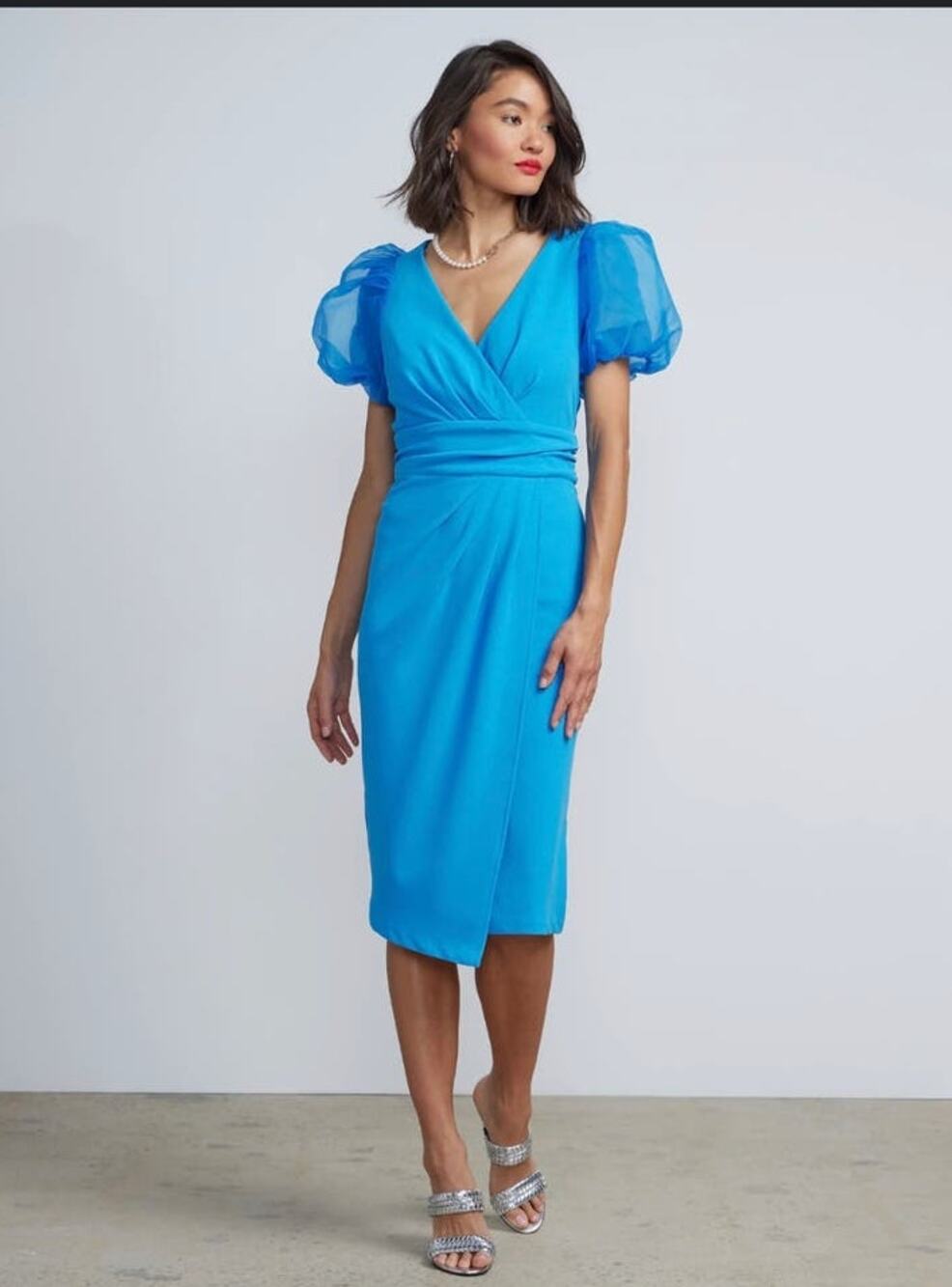 NWT NY&C Mesh Puff Sleeve Faux Wrap Sheath Dress Size M